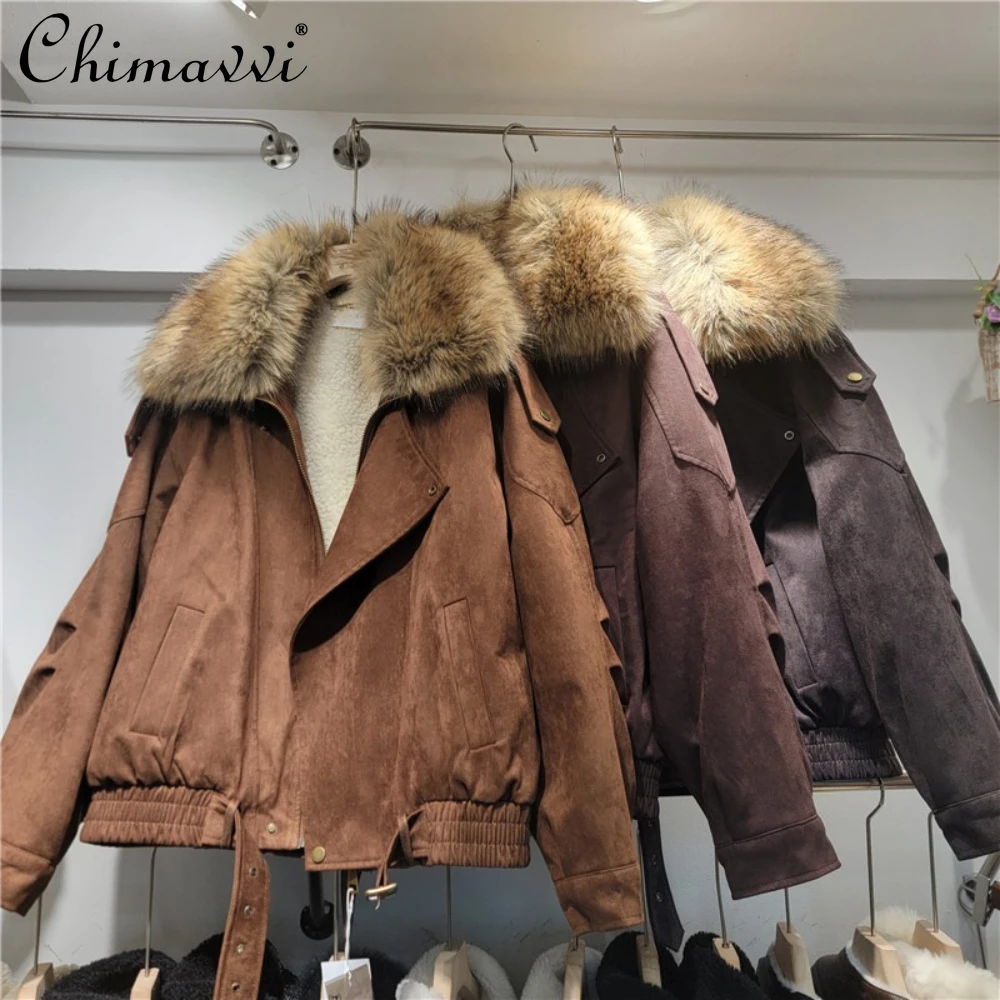 

American Style Fashion Retro Brown Motorcycle Overcoat Fur Collar Zipper Loose Thicke Warm Parkas Jackets for Women Winter 2025