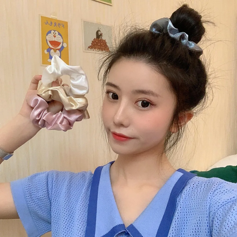 ใหม่คริสตัลซาตินพัฟผมห่วงเกาหลีสีทึบหางม้า CURLY VINTAGE ผม Scrunchie สําหรับ Meatball หัว