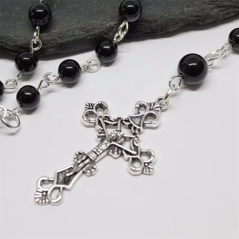 Handmade Victorian Gothic Rosary Style Long Necklace, Five Decade Rosary Beads with Crucifix, Black Glass Beads Catholic Rosary