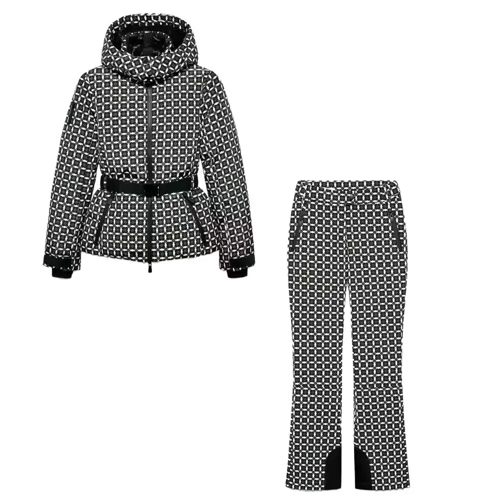 2026 Winter Hooded Women's Padded Sport Parkas Pants 2 PCS Set Belt Female Elegant Warm Windproof Skiing Coats Jackets Trousers