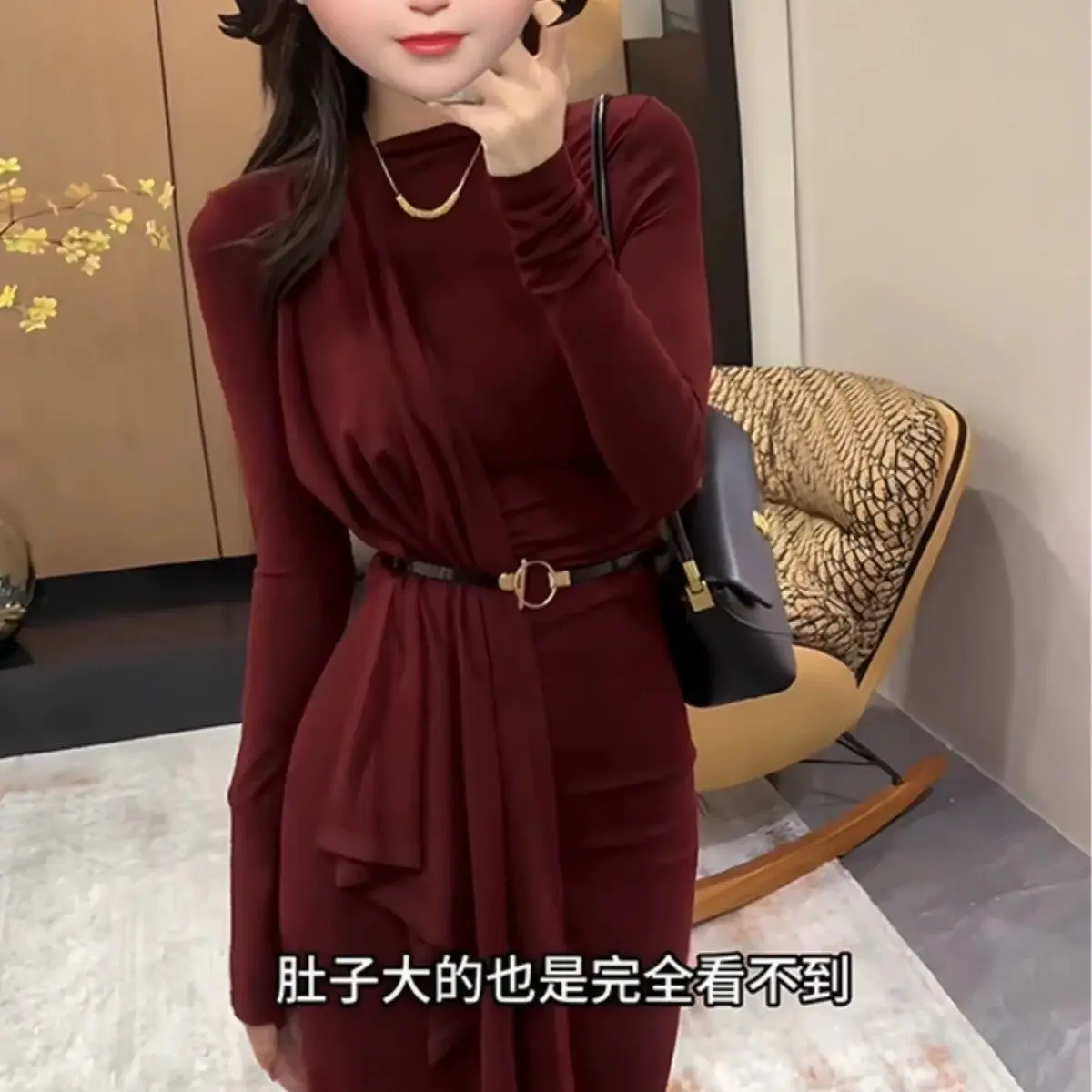 French Temperament Ribbon Long -sleeved Dress Women's Winter New Waist Slim Hip Skirt with Long Skirt Inside