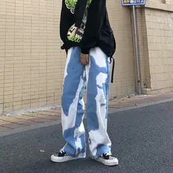 Vibe Trend Brand Gradient Tie Dye Jeans for Men Loose Fit Plus Size High Street Couple Wide Leg Straight Leg Camouflage Dad