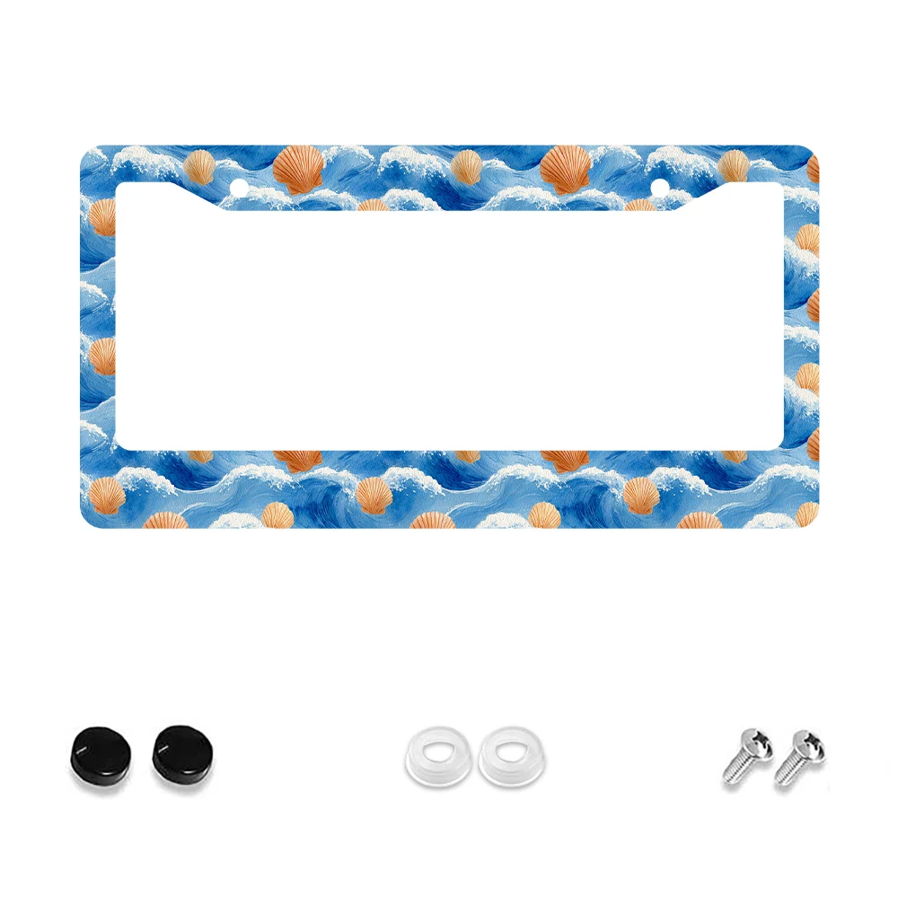 

1pc Blue Ocean Wave and Seashell Pattern 2-Hole License Plate Frame, Aluminum Material, 6x12 Inches, with Screw Kit, Retro Nove