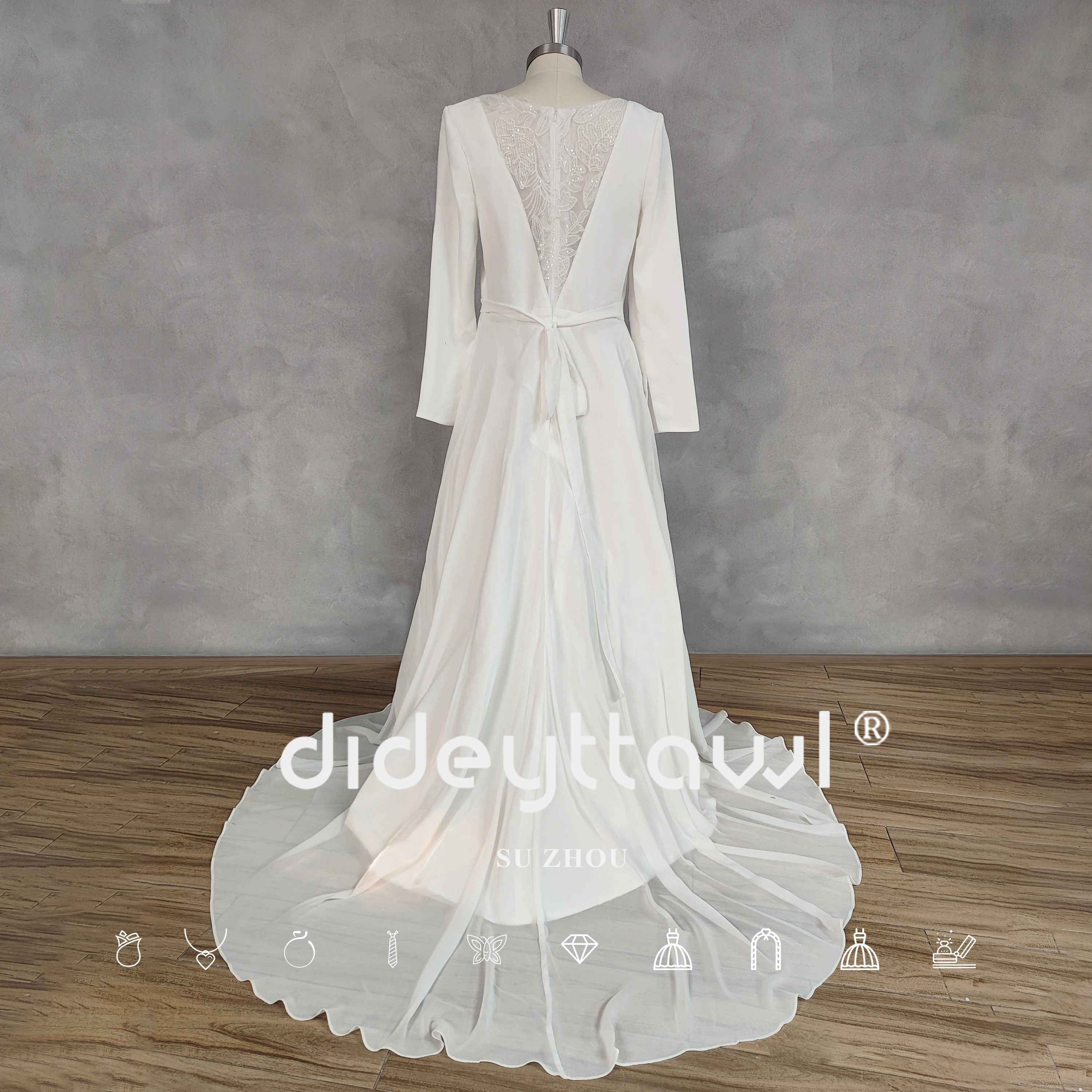 DIDEYTTAWL Real Picture V-Neck A-Line Crepe Long Sleeves Lace Wedding Dress Zipper Back Court Train Bridal Gown Custom Made