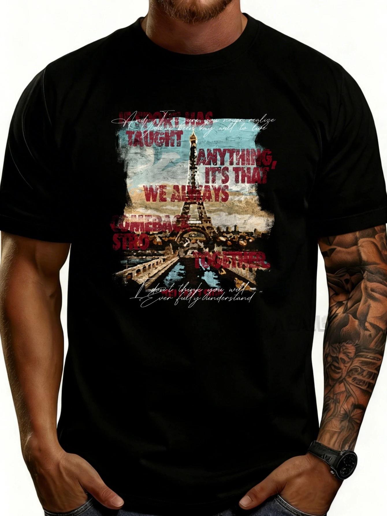 Casual Style Men's T-Shirt with Paris Eiffel Tower Quote Design, Suitable for Spring and Summer Wear, a Gift for Him