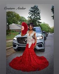 Hot Red Sequin Sliver Tassel Crystal Beading Christmas Day Mermaid Prom Dresses Birthday Dress Black Girl Cocktail Customized