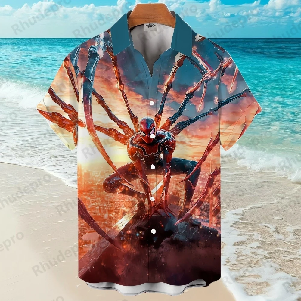 ديزني الرجل العنكبوت خارقة الصيف ثلاثية الأبعاد قمصان الرجال قمصان هاواي الشارع الكرتون قمصان عادية قمصان الموضة Ropa De Hombre #2
