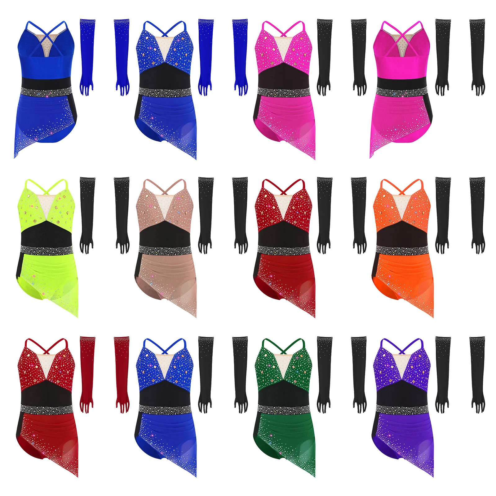 Kids Girls Ballet Gymnastics Leotard Color Block Figure Skating Bodysuit Lyrical Dance Costumes with 1 Pair Sheer Mesh Gloves