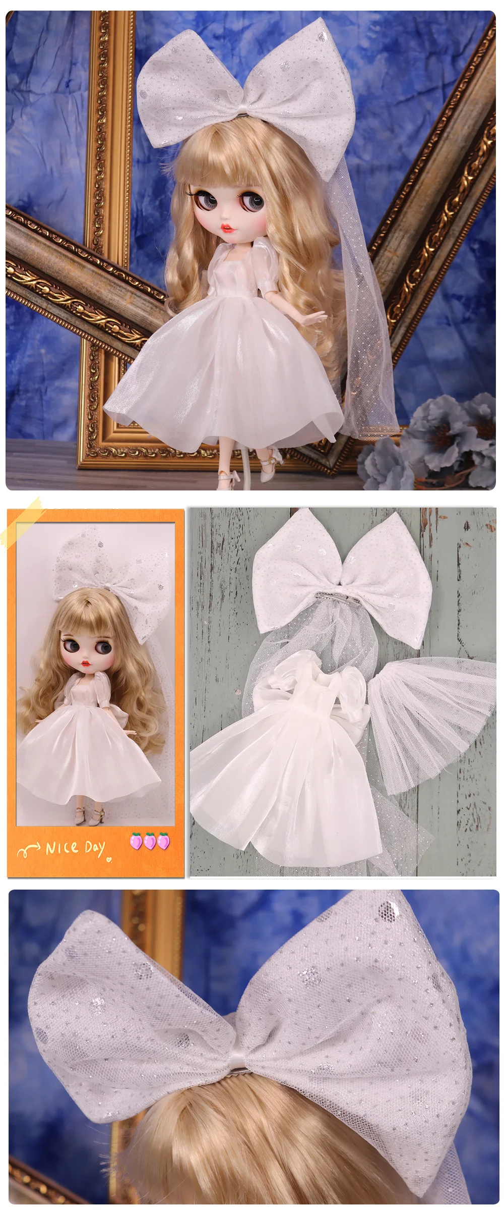 Outfits For ICY DBS Blyth Doll Rose Queen White Wedding Dress Suit 1/6 BJD Azone S OB24