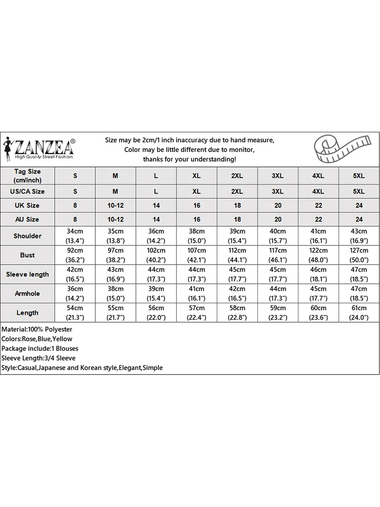 ZANZEA 우아한 파티 셔츠 블라우스, 시크한 퍼프 3/4 소매 상의, 2024 여름 빈티지 블라우스, 한국 패션 스퀘어 칼라 튜닉