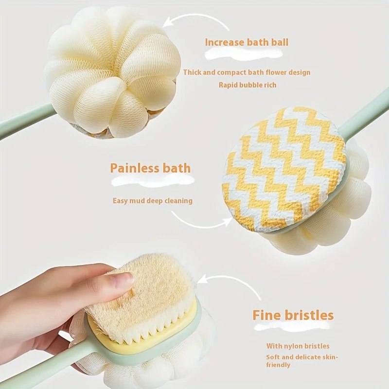 Dual-Sided Body Brush with Long Curved Handle, Velvet & Sponge 2-in-1 Bath Brush, Easy Back Washing, Exfoliates & Massages Skin