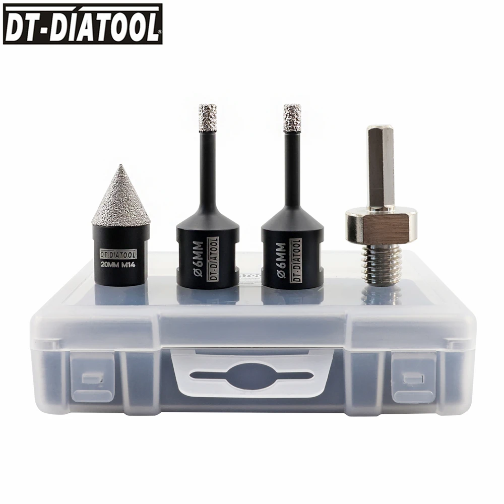 4pcs/Pk DT-DIATOOL M14 Dry Diamond Drill Core Bit 6/20mm Chamfer Hex Adapter Cutter Porcelain Granite Hole Saw Enlarge Grinding