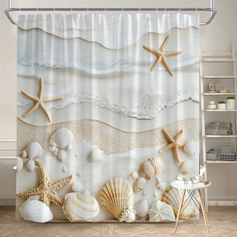 Beach Wave Shower Curtain with Starfish and Shells 3D Print Waterproof Bath Decor Elegant Coastal Bathroom Curtains