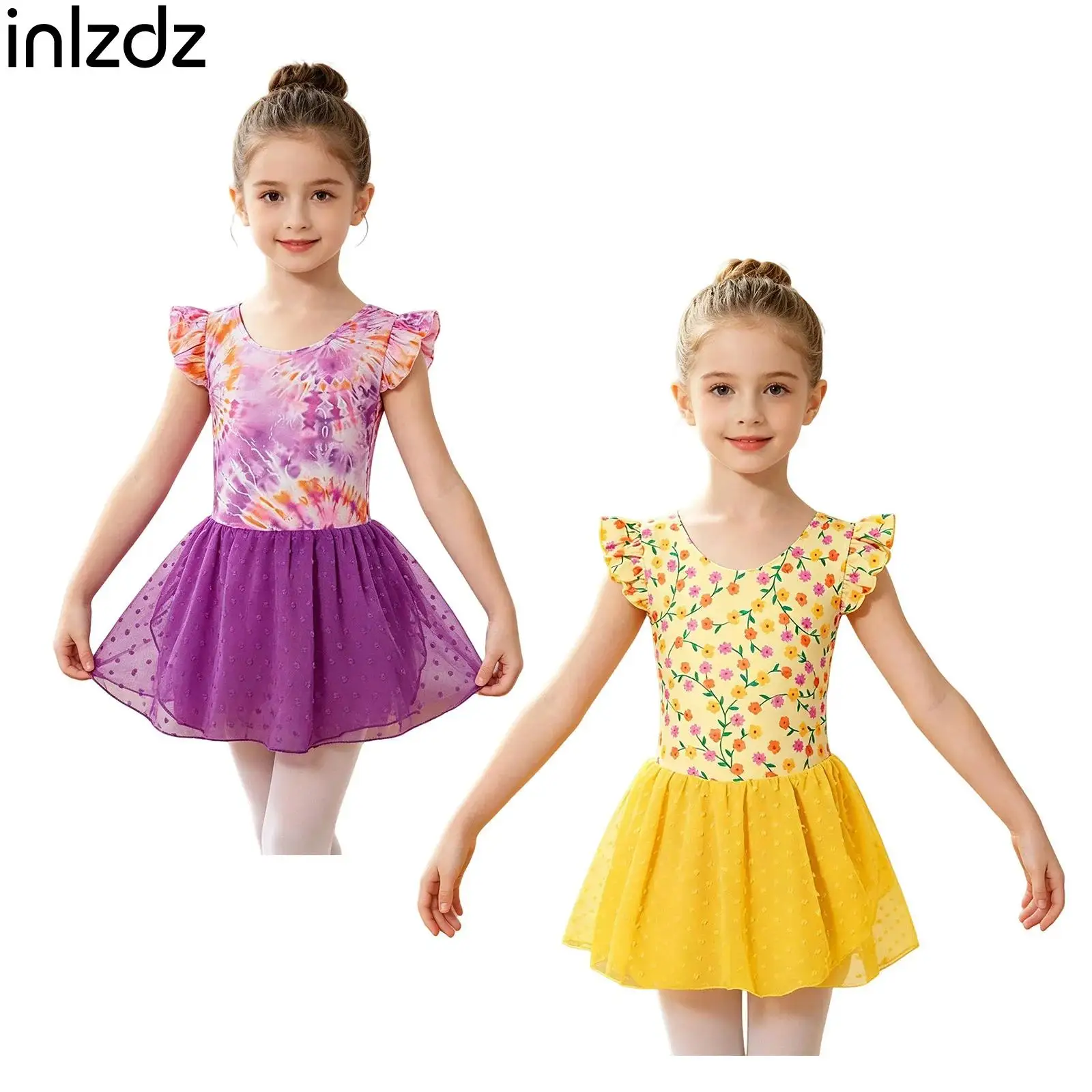 

Pretty Girls Ruffled Sleeve Floral Print Dance Dress with Built-in Briefs Kids Ballet Dance Costume for Ice Figure Skating Dance