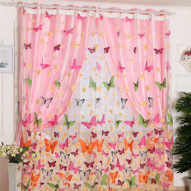 Tulle Curtain For Bedroom Kitchen Kids Room Decoration Louver Window Treatments Romantic Butterfly Pattern Sheer Drape