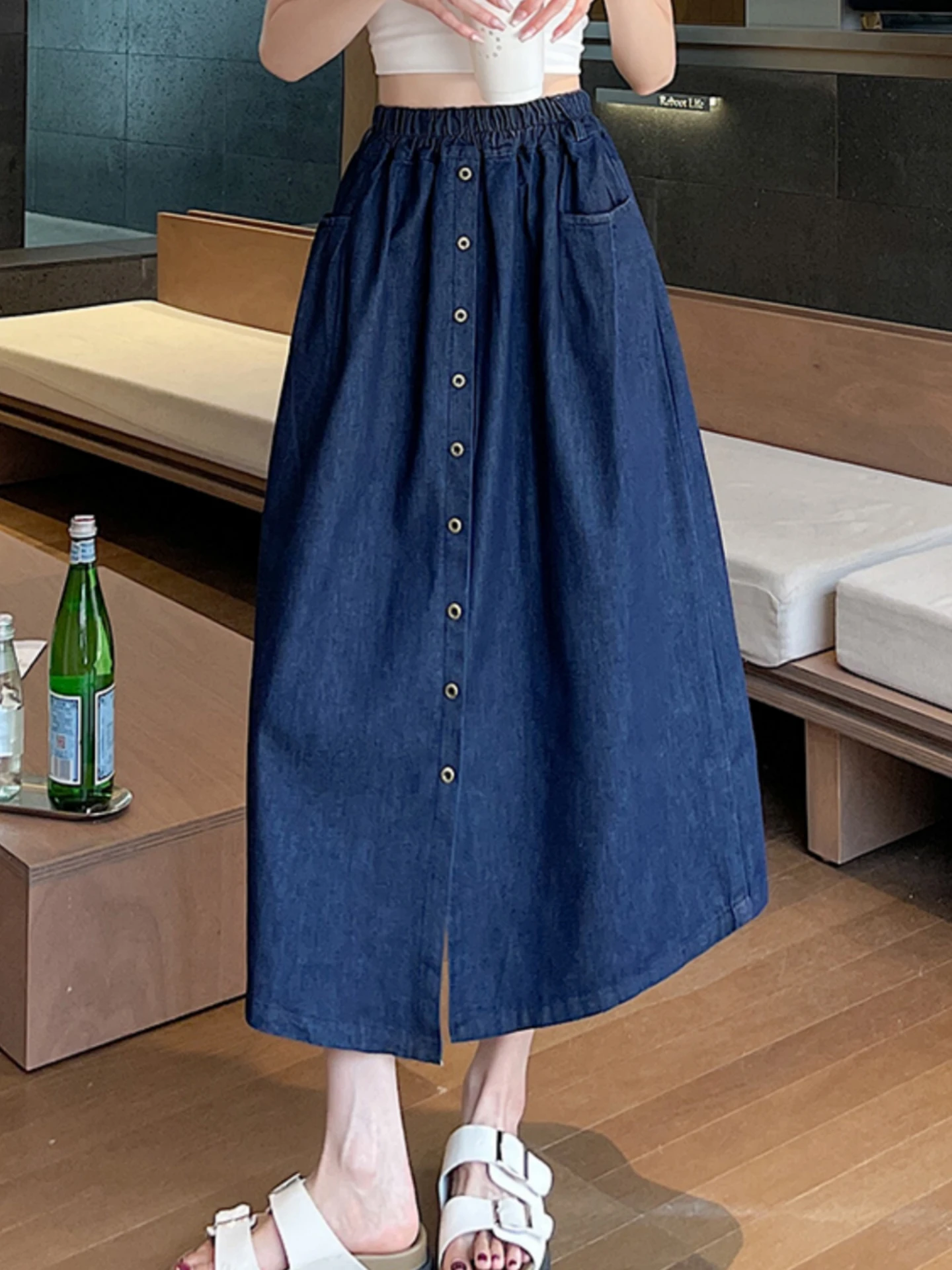 Blue Denim A-Line  Skirt Women's Spring Autumn New Style plus Size Slimming Design High Waist Elastic Long Skirt