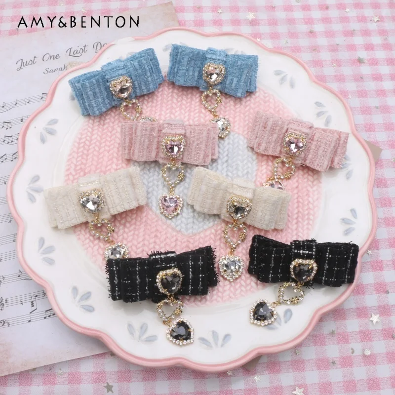 

Handmade Sweet Graceful Heart Rhinestone Pendant Tweed Hair Accessories Japanese Kawaii All-Match Rojita Hair Clips for Girls