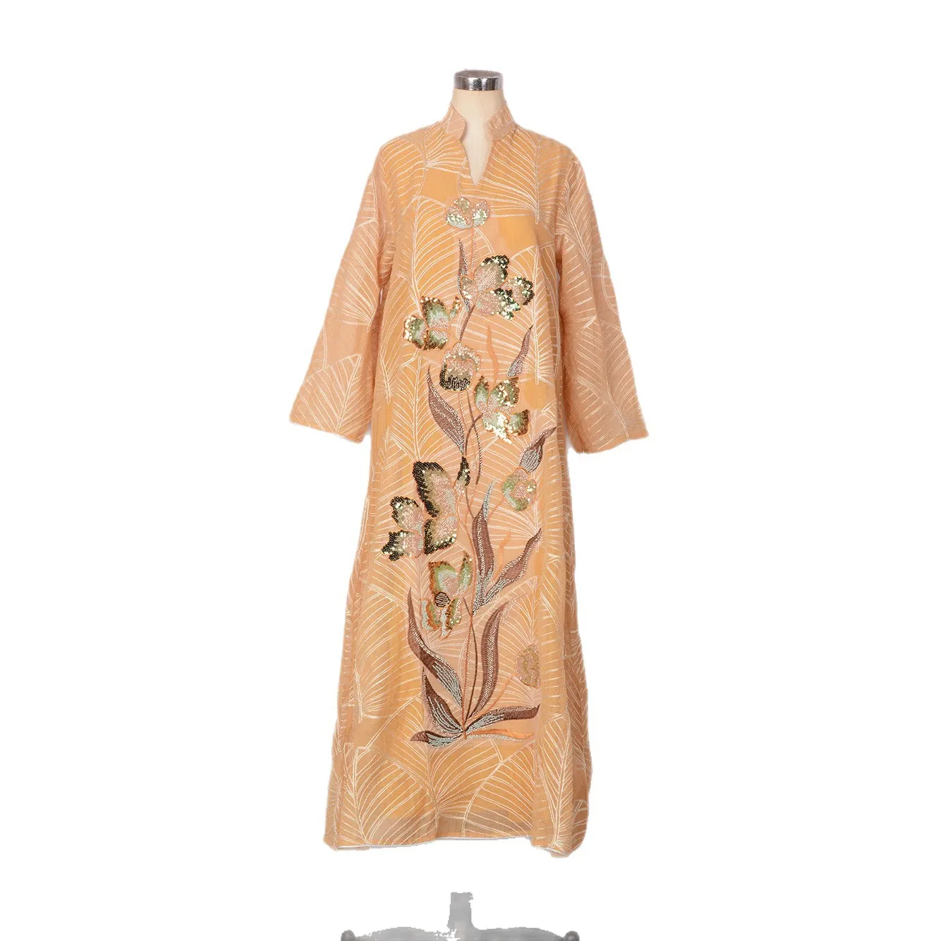 Middle East Muslim New Fashion Women's Casual Trendy Embroideried Sequined Loose V-neck Long Sleeve Elegant Ceremonial Dresses
