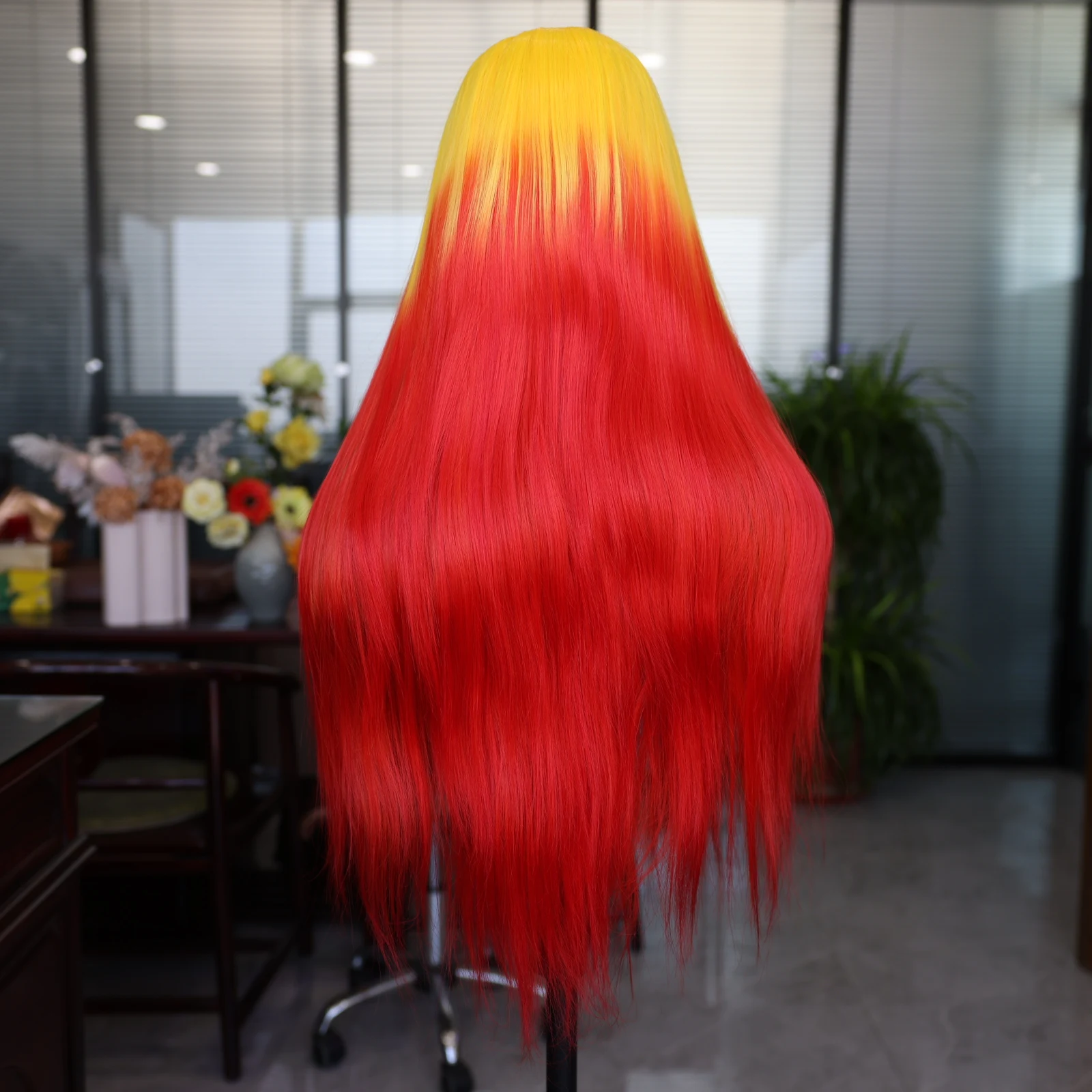 Yellow Red Gradient Synthetic Wig Long Straight Lace Front Wig Popular for Black Women Cosplay 180 Density Natural Hairline