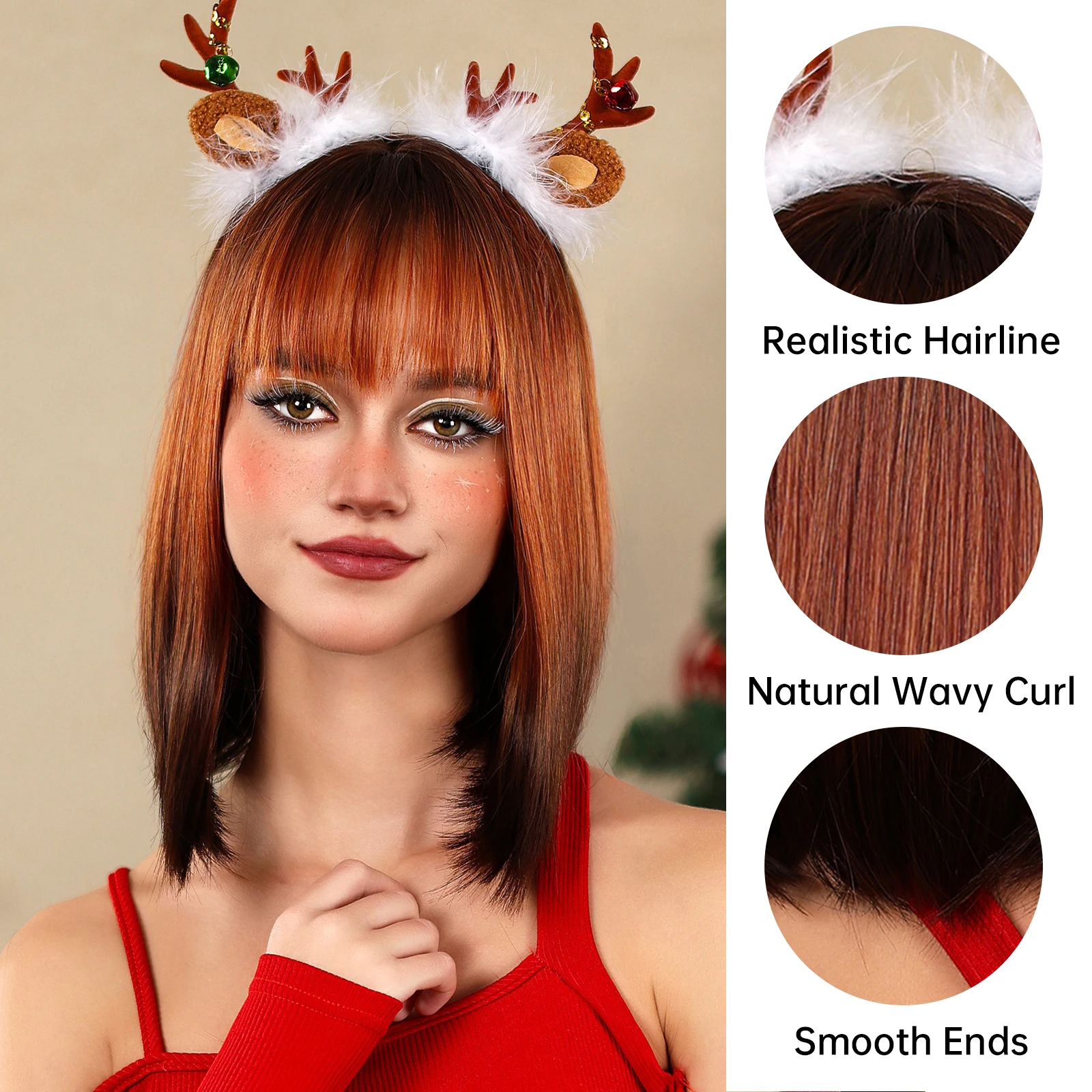 Perucas curtas e suaves com franja para mulheres, ombre, laranja, marrom, peruca de natal, festa diária natural, cabelo sintético, resistente ao calor