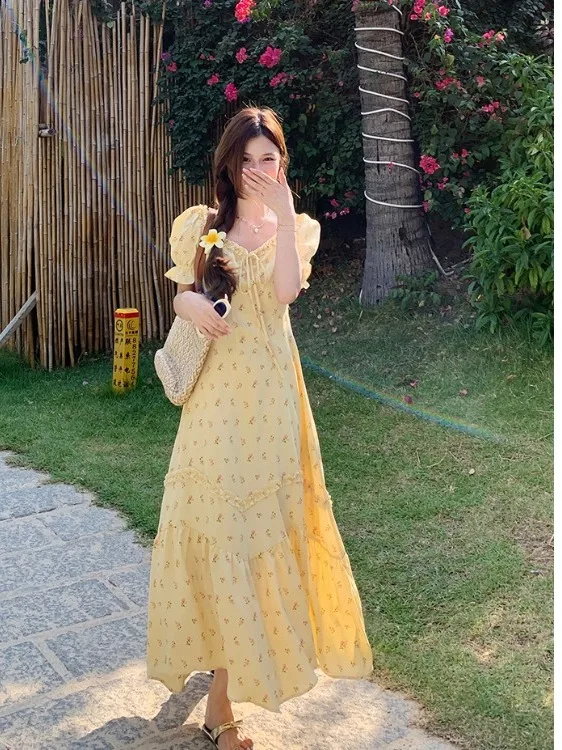 

plus Size Floral Print Square Collar Belted Long Dr Women's Summer New Sle High Waist Korean Version Slim Fit Dr