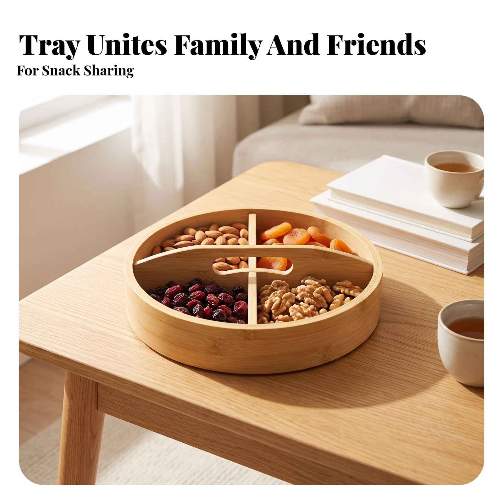 Divided Bamboo Serving Tray Compact Tray with Compartments Serving Platter with Compartments Easy to Clean Long-Lasting