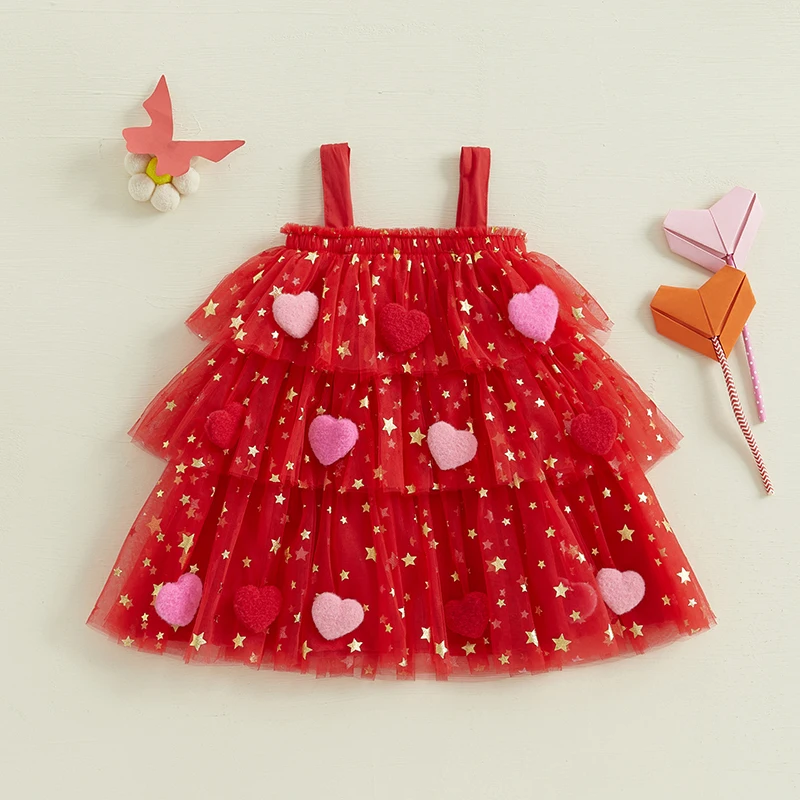 Kids Girl Fashion Valentine Day Dress Star Print Square Neck Sleeveless Layered Tulle Dress with 3D Heart for 1-9 Years