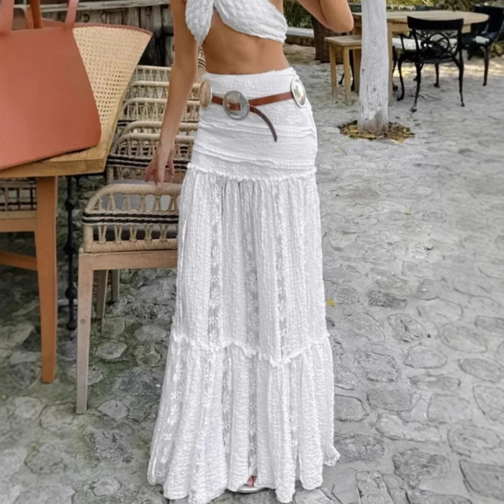 Women 2026 Autumn French Bohemian Lace Skirt Elegant White Floor Length A Line Midi Skirt Long Skirt Casual Daily Streetwear