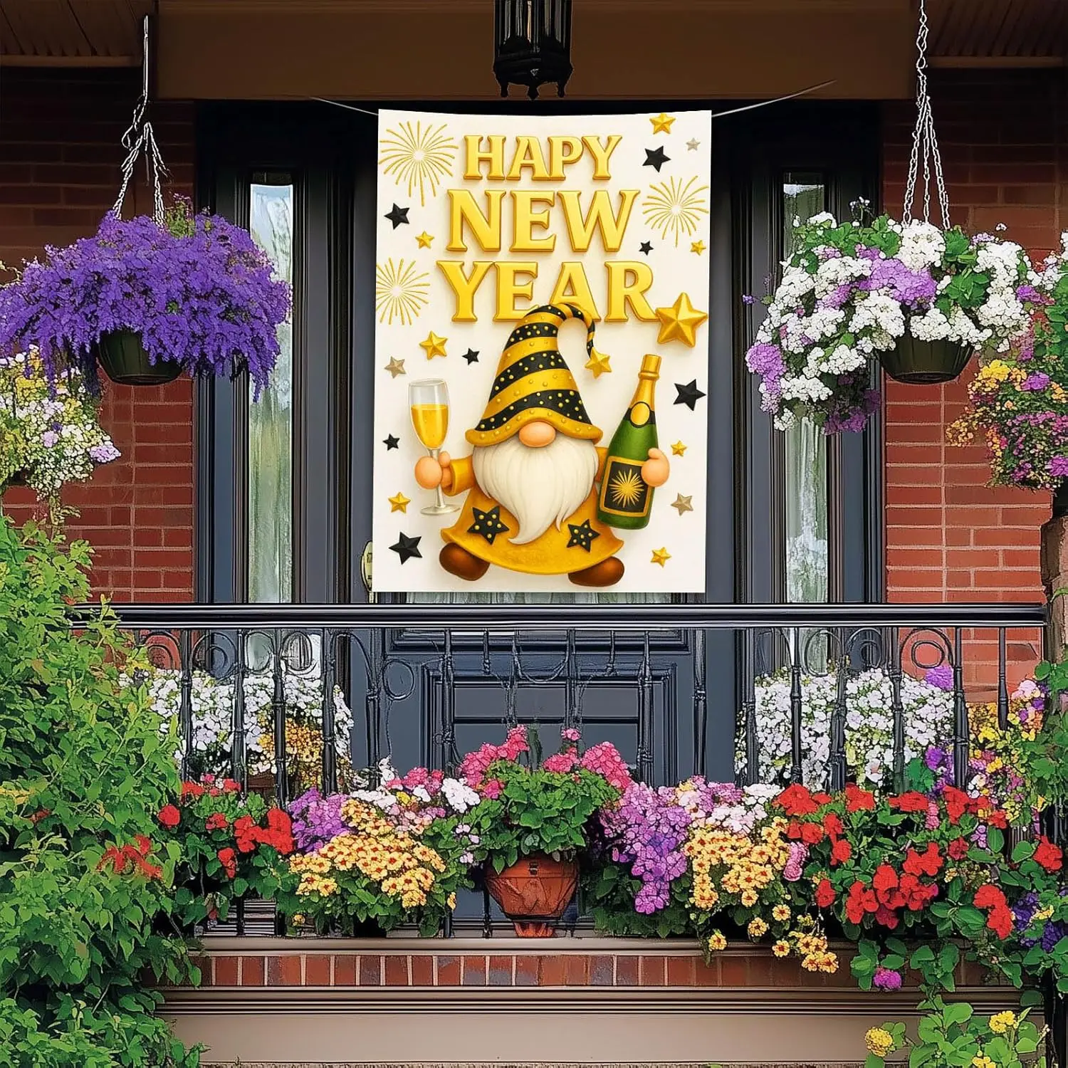 HOMETITUTE Happy New Year House Flag 28x40 Inch Double Sided Garden Flag Gold Gnome Champagne and Star Design Winter Holiday zzo