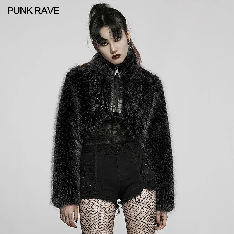 PUNK RAVE Punk Daily Faux Wool Coat Loose Fox Fur Short Jackets Plastic Bright Chain Asymmetrical Coats Party Club Halloween