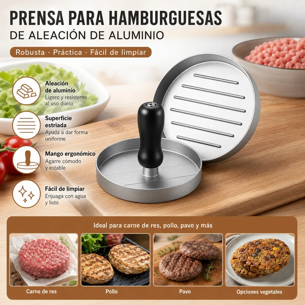 Presse à hamburgers en alliage d'aluminium avec poignée ergonomique, moule rond de 11,5x8 cm pour bœuf et poulet, outil de cuisine antiadhésif avec lignes de pressage