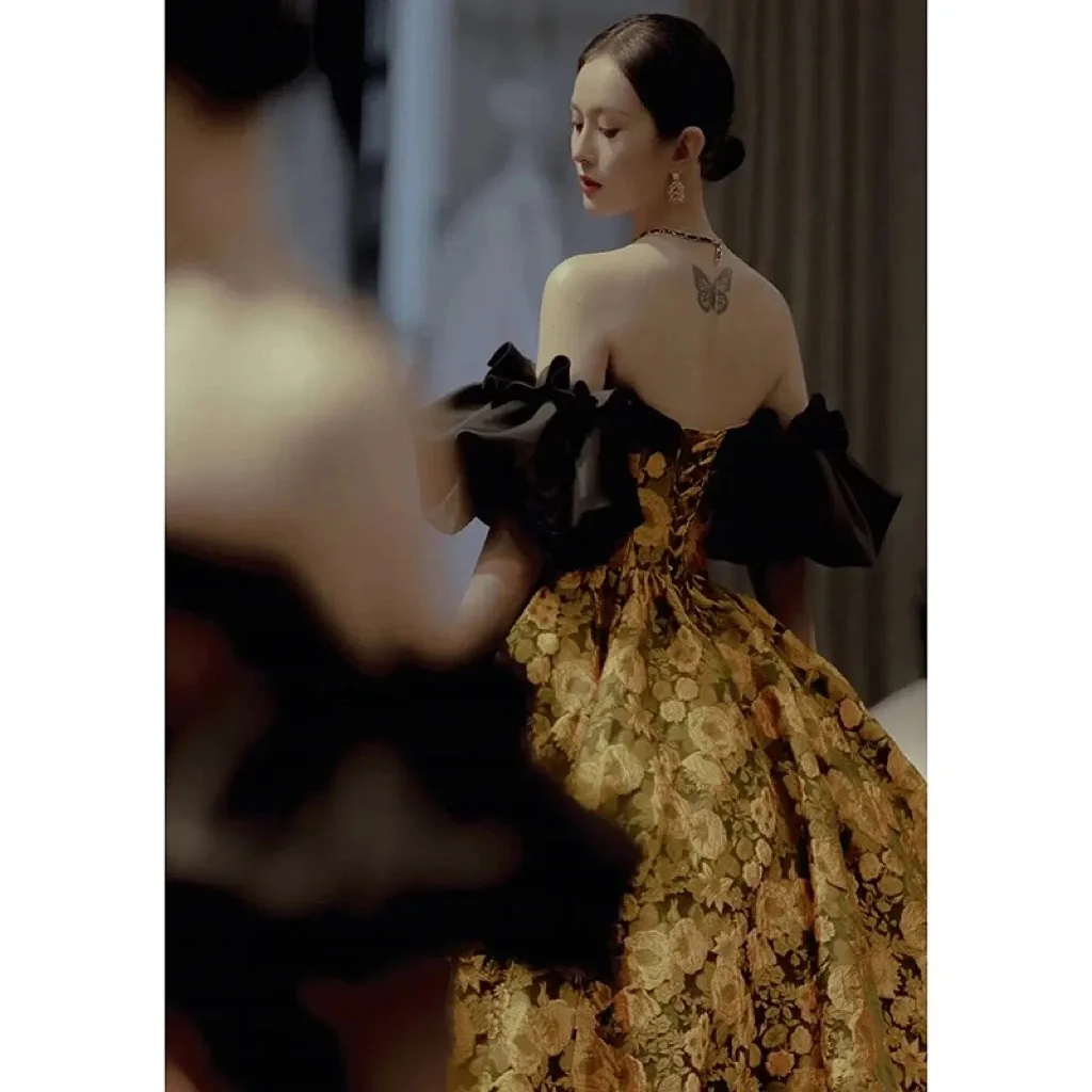 Vestidos de fiesta de Jacquard amarillo de lujo, satén Floral con hombros descubiertos, princesa sin tirantes, vestidos de noche de fiesta con temperamento de corte para mujer, novedad