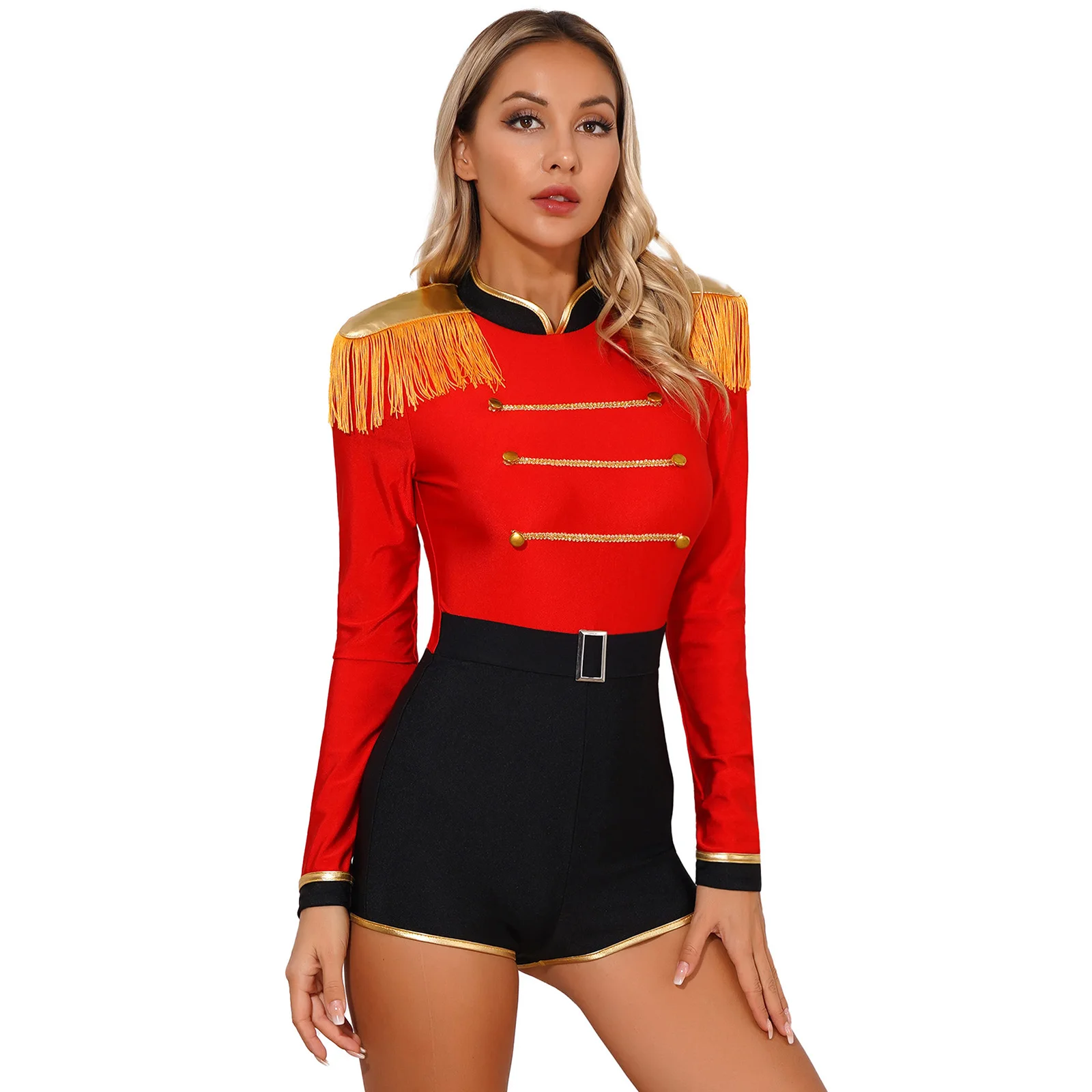 Womens Circus Ringmaster Jumpsuit Halloween Carnival Theme Party Role Play Costume Long Sleeve Velvet Fringed Cosplay Bodysuit