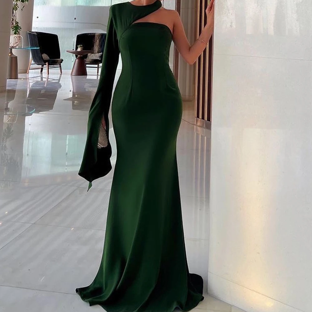 

Customized Formal One Shoulder Jersey Evening Dresses Modern Straight Floor Length O-neck Long Sleeves Special Occasion Gowns