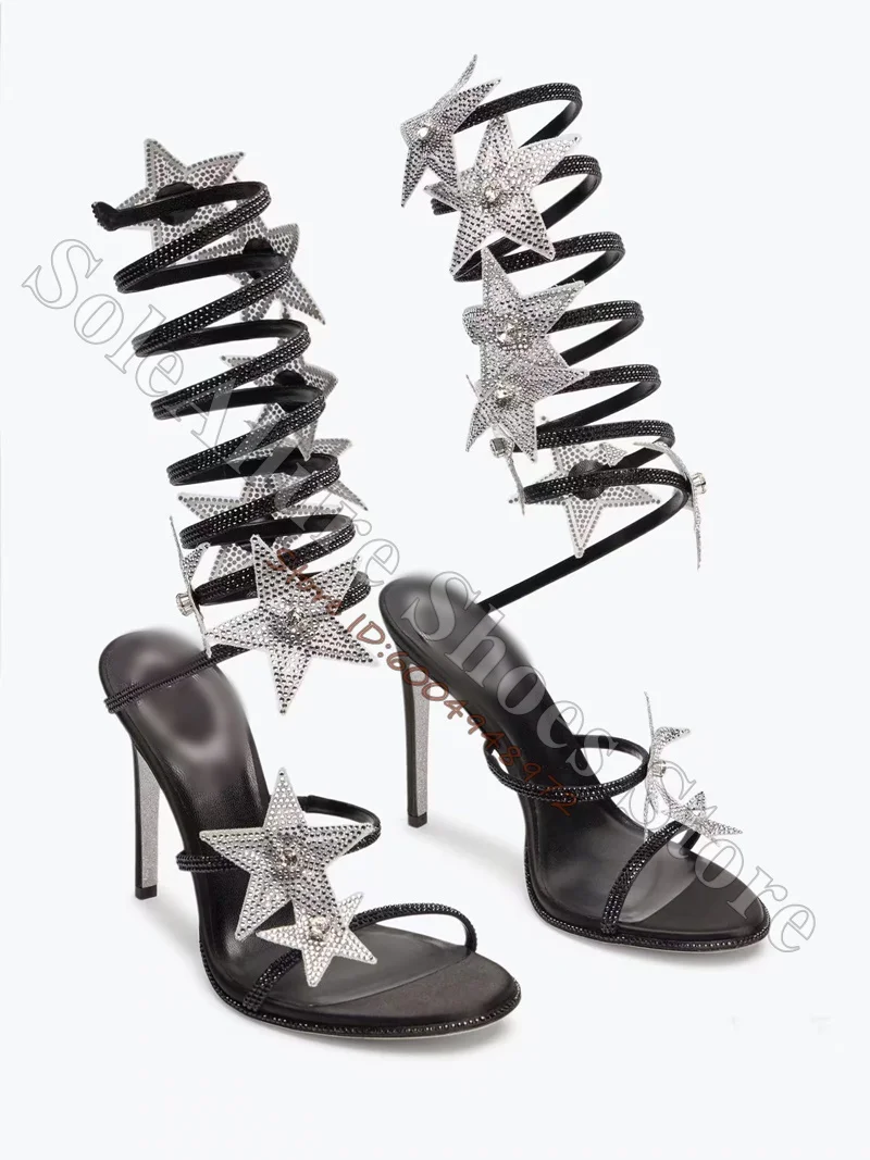 Rhinestone Star Spiral Ankle Strap Stiletto Sandals Women Open Toe High Heel Glitter Pentagram Wrap Around Leg Party Sandals
