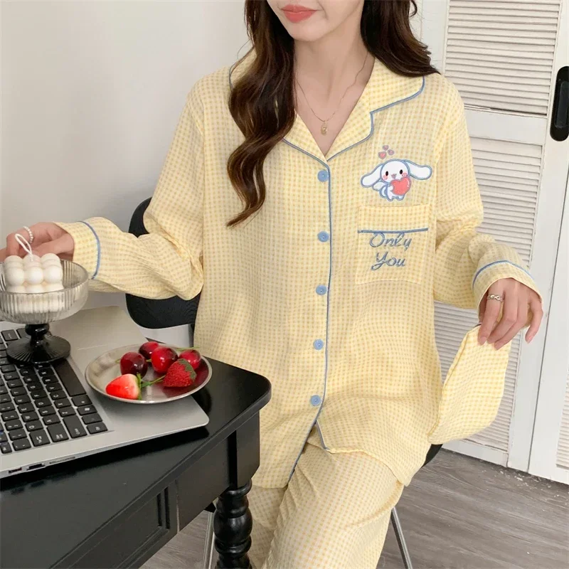 Sanrio Yugui Dog Autumn New Cotton Lapel Long Sleeve Pajamas Homewear Silk Pajamas Women's Two-piece Casual Women's Pajamas