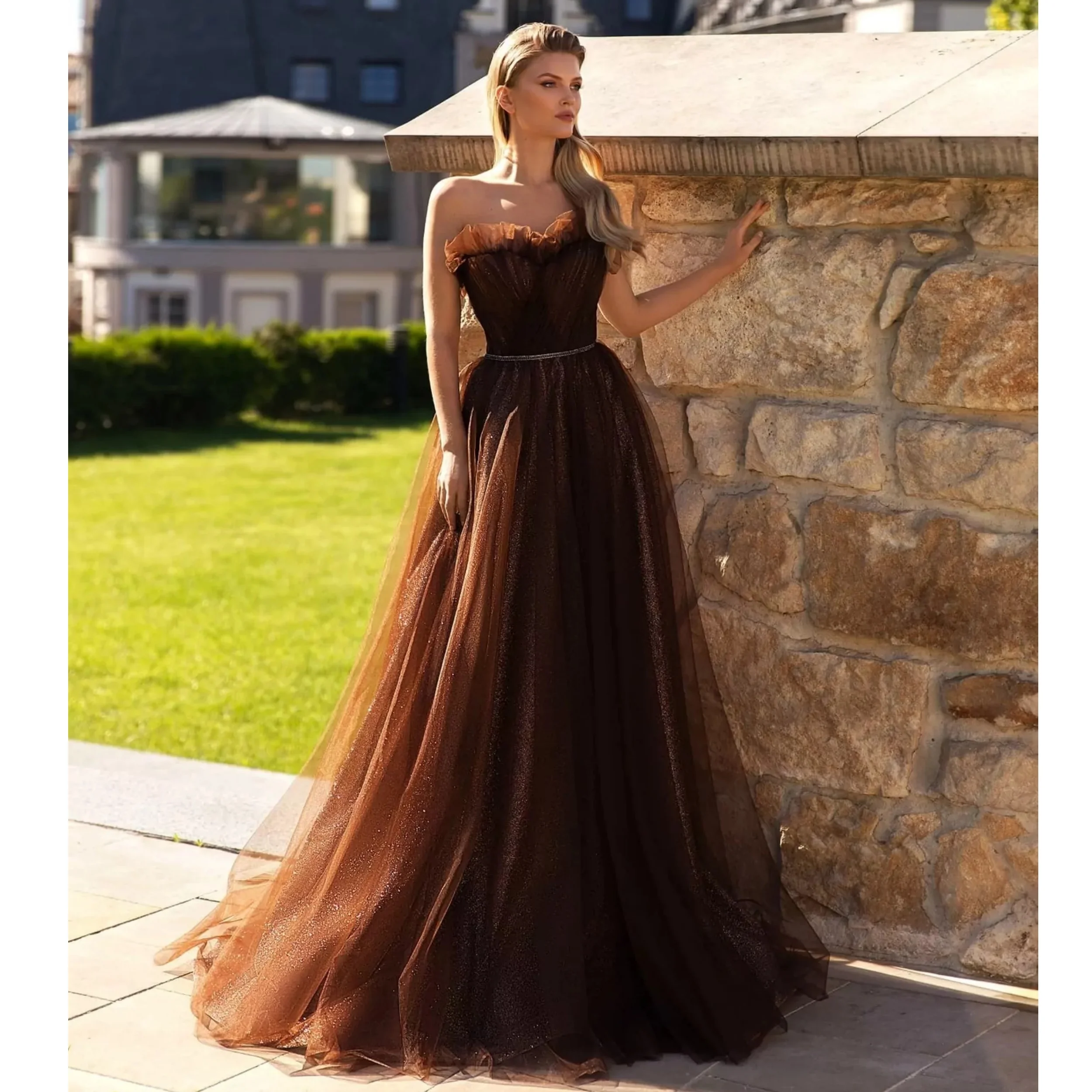 

Коричневые простые вечерние платья трапециевидной формы с рюшами и блестящим платьем Vestido de Fiesta для женщин, платье для выпускного вечера с открытой спиной в пол по индивидуальному заказу