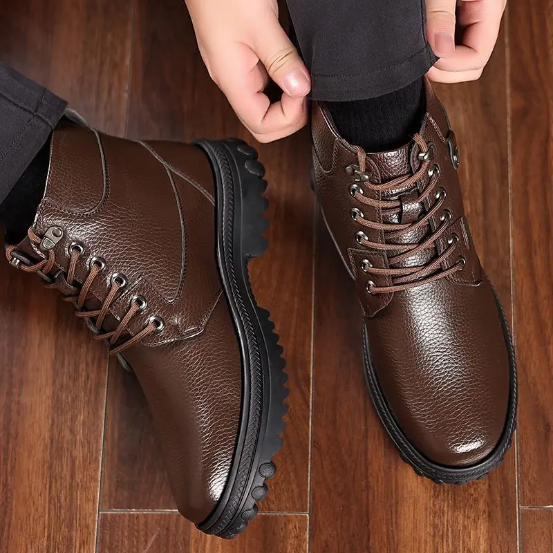 ​New Men's Winter Thermal Cotton Shoes Thickened High Top Genuine Leather Anti Slip Snow Boots for Warmth Casual Footwear 2025​
