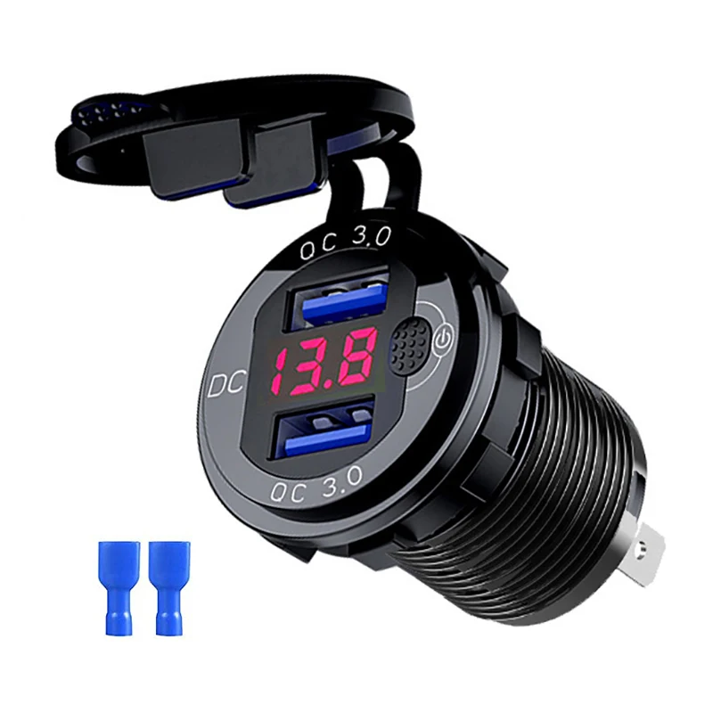 Snellader Aluminium QC3.0 Dual USB-autolader met schakelaarknop LED-spanningsweergave voor 12V / 24V auto's boten motorfiets