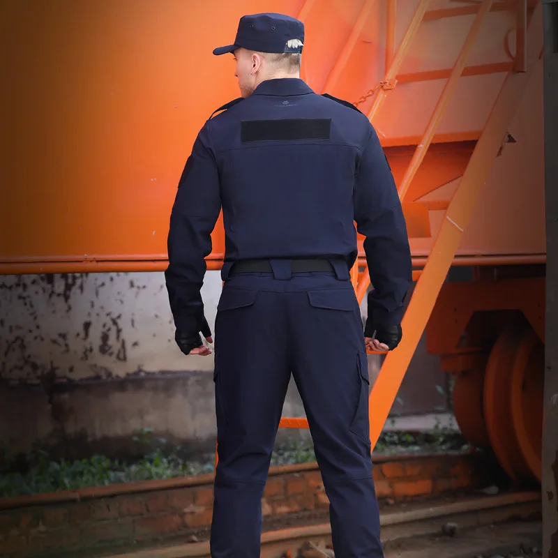Black Blue Men\'s Clothing Security Guard Tactical Police Quick Dry Uniform Cargo Airsoft Training Long Sleeve Shirt  Pants Sets