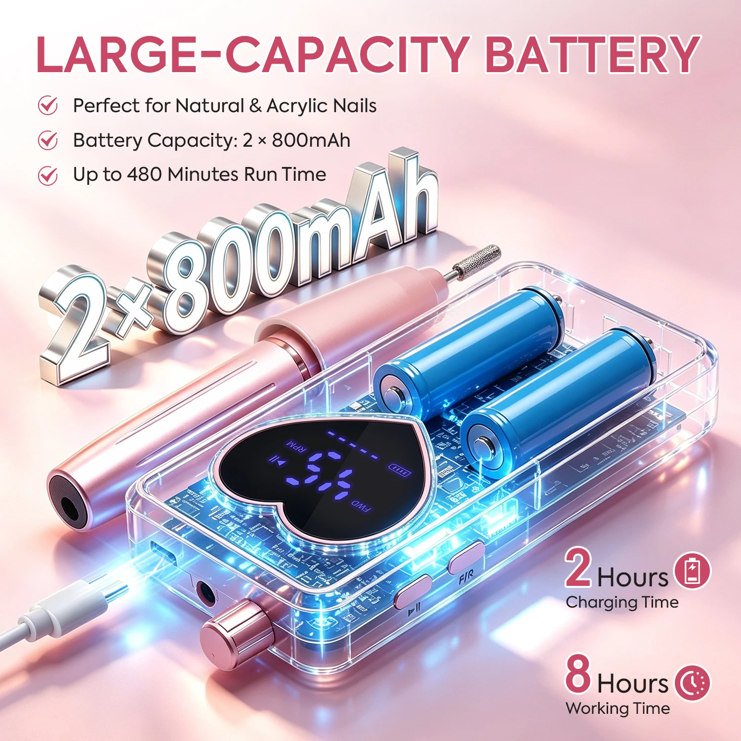DianaBeauty Taladro Eléctrico Recargable para Uñas 45000 RPM, Lima de Uñas Portátil con Pantalla LCD para Uñas de Gel Acrílico, Salón y Hogar