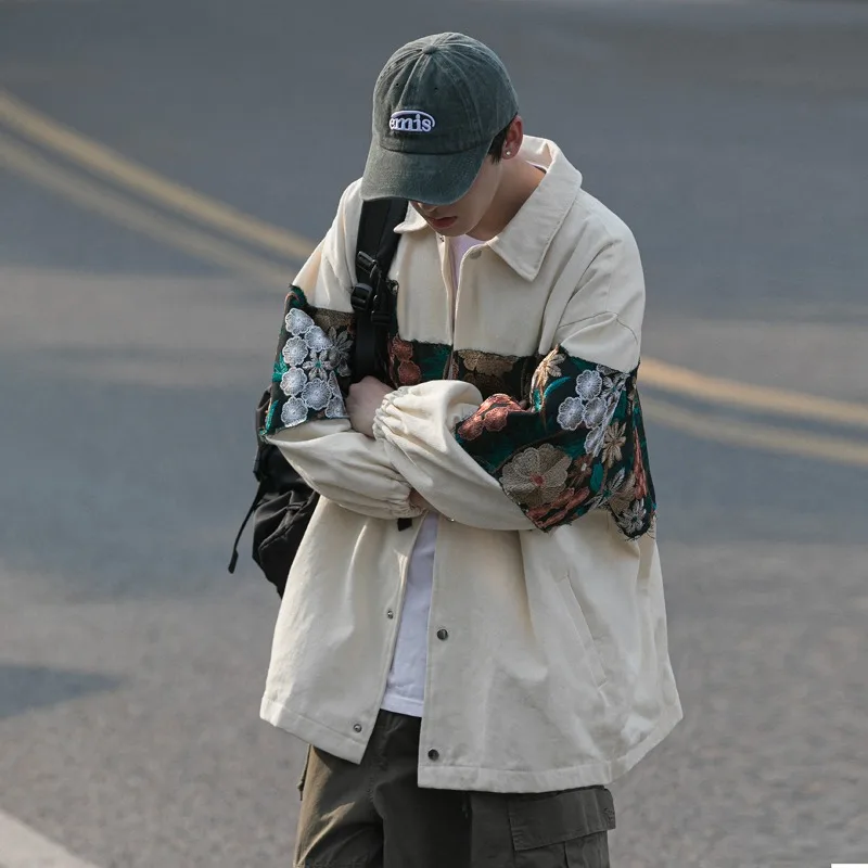Men Vintage Floral Patchwork Jacket Lapel Collar Button Up Loose Streetwear Contrast Spliced Design Male Casual Outer Coat