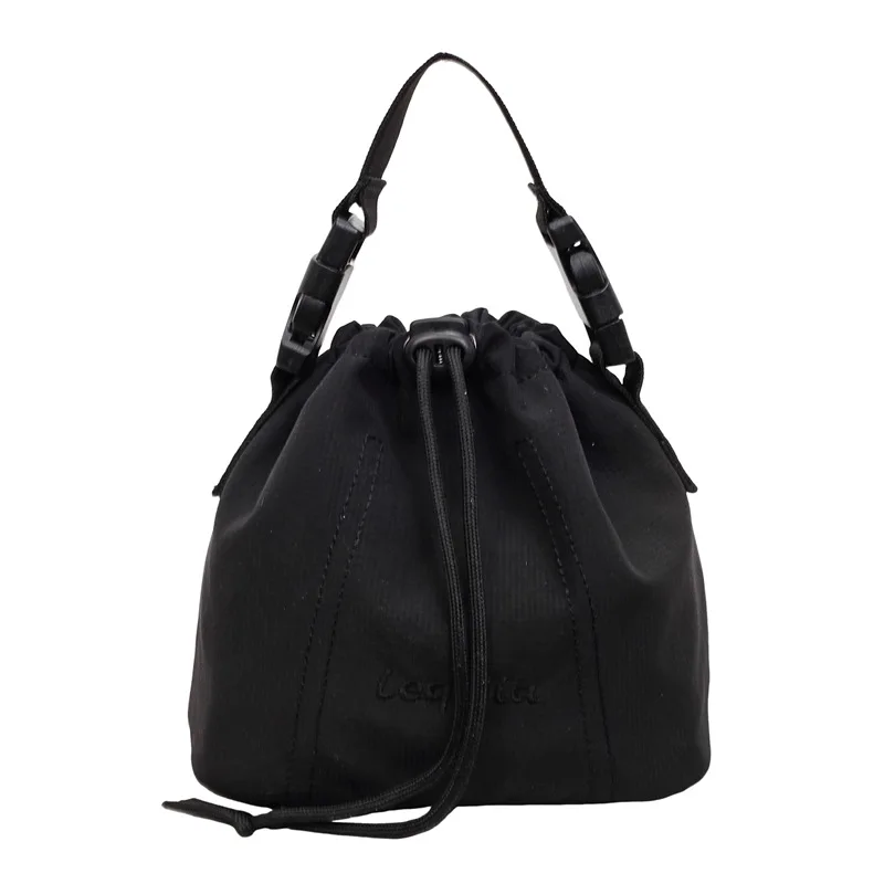 Women's Black Nylon Drawstring Bucket Bag with Adjustable Strap and Logo Detail Minimalist Crossbody Sling Purse for Daily view 5