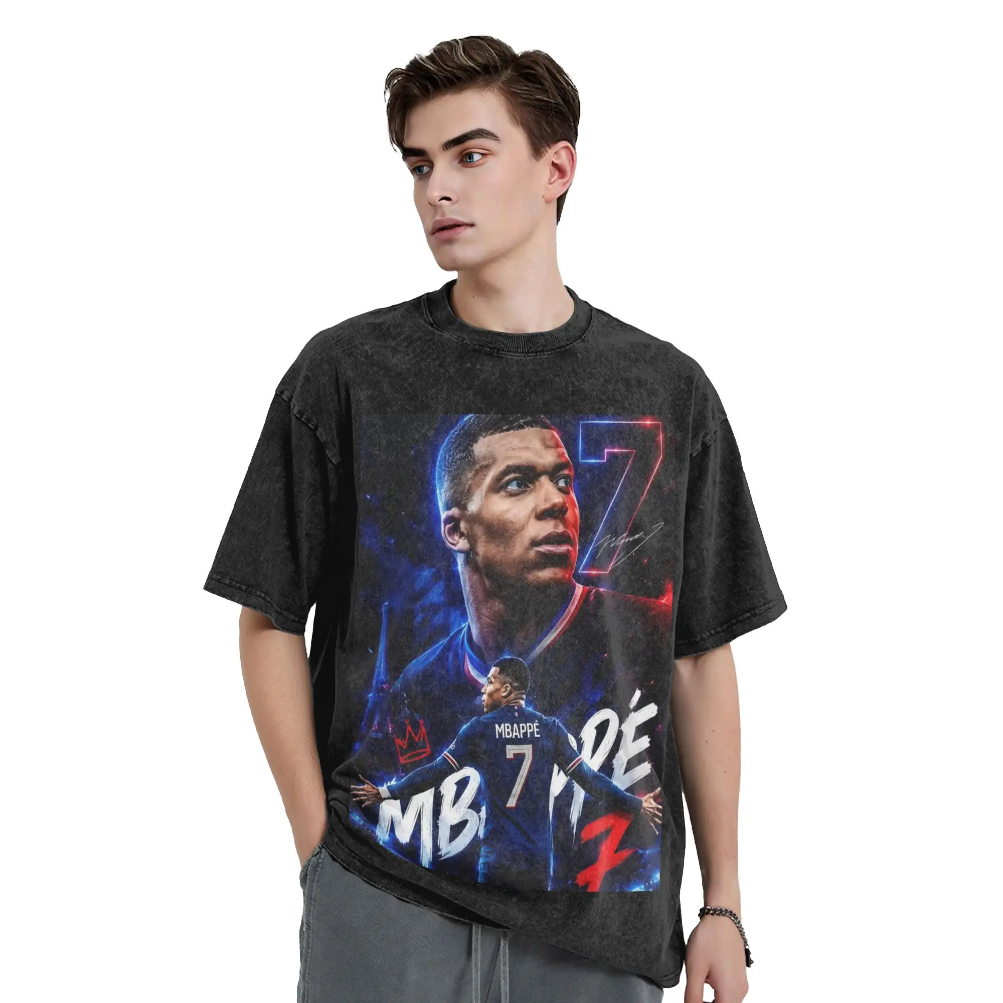 Washed T Shirts Mbappes Hip Hop Retro T-Shirts High Street Soccer Football Streetwear 100% Cotton Printed Tops Tee for Men Women