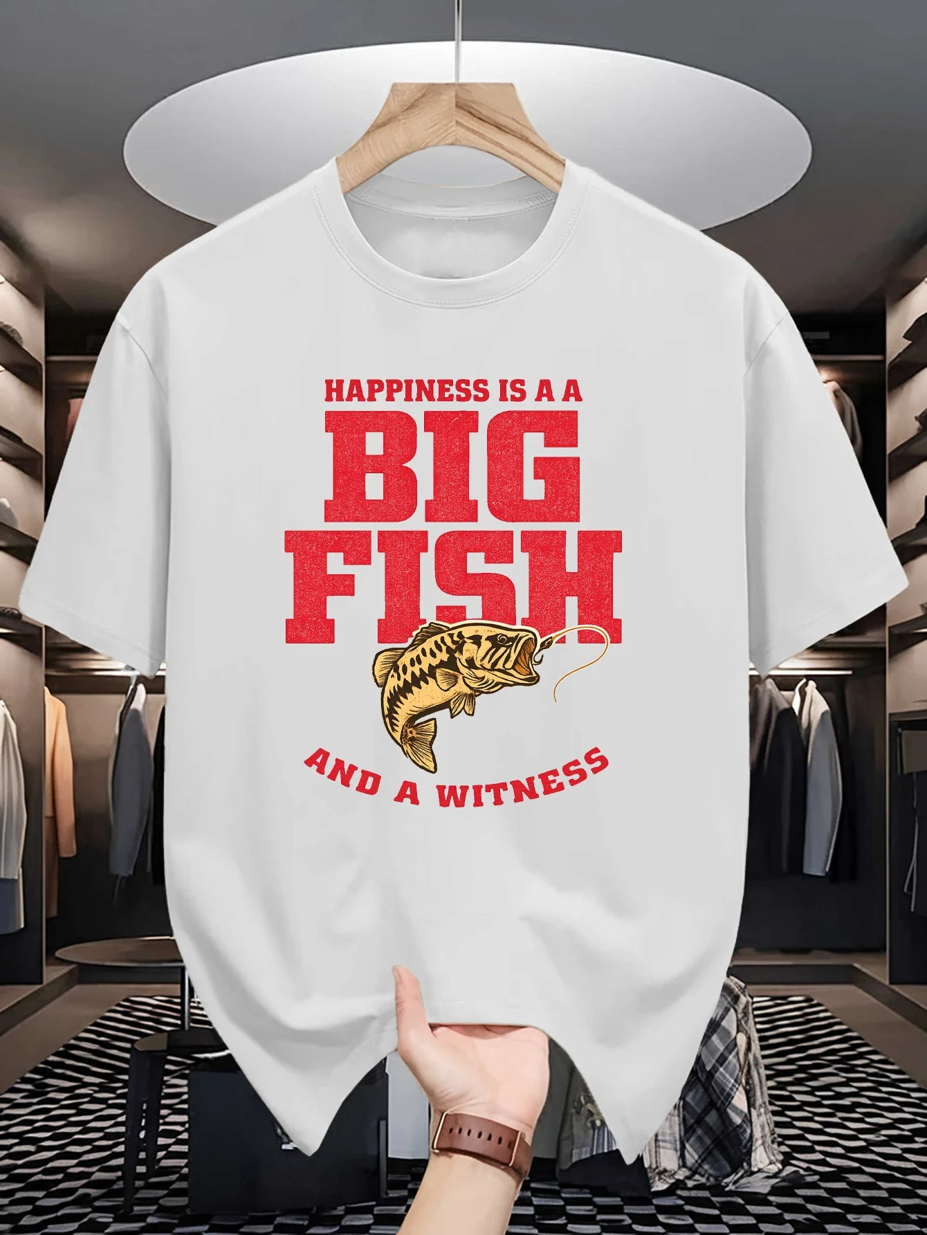 Mens Happiness Is A Big Fish And A Witness Graphic Tee Funny Bass Fishing Print O Neck Short Sleeve Cotton Top For Fisherman Men