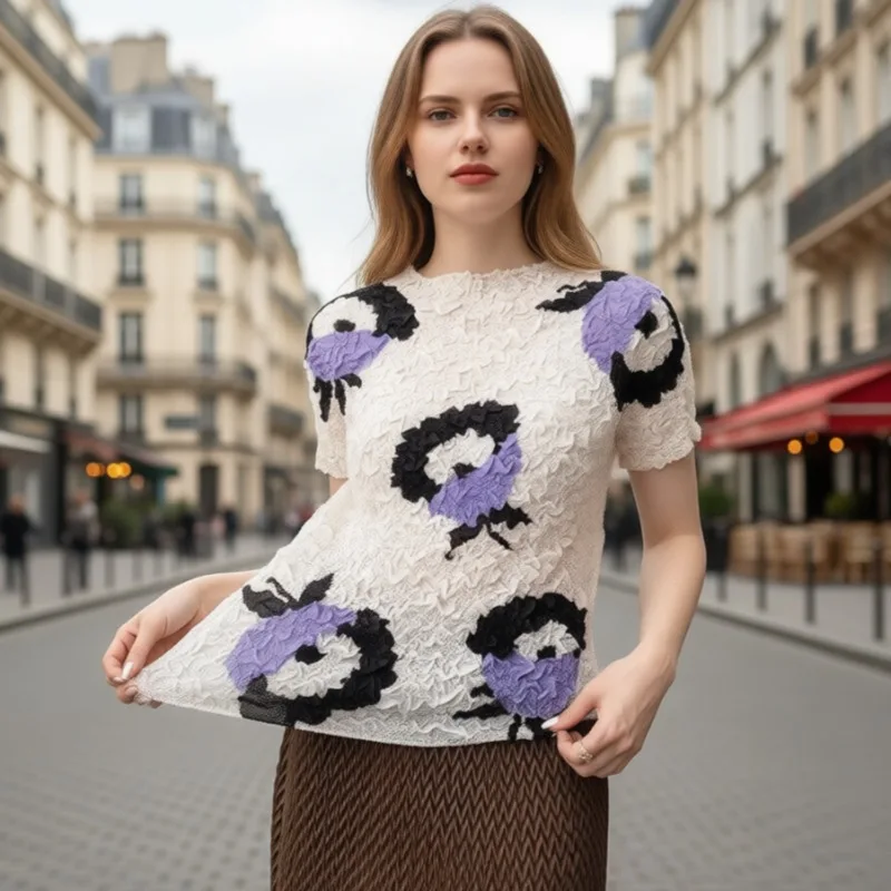 

Miyake 2026 Summer Embroidery Tops Women's Pleated Stretch Printed T-Shirt Casual Hundred Repair Tight Thin Semi-Sheer Clothing