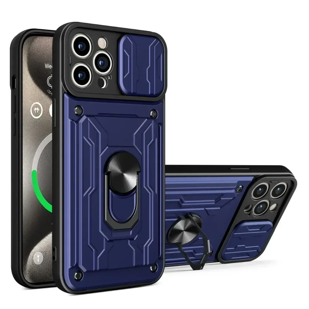Fall Für iPhone 17 16 15 14 13 12 11 Pro Max XR XS Plus SE Rutsche Kamera Karte Slot Militär grade Ring 360 Magnetische Zurück Abdeckung