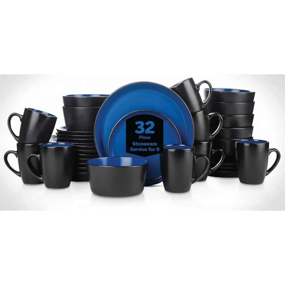 

Modern 32-Piece Dinnerware Set for 8, Blue and Black Stoneware Plates Bowls Mugs, Dishwasher Microwave Safe