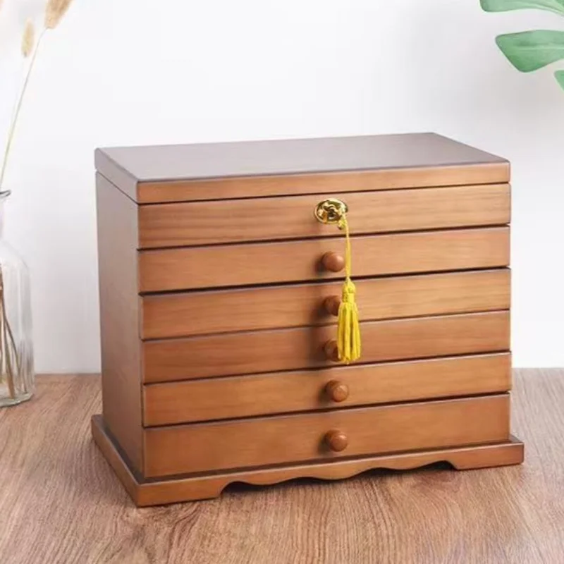 Large Capacity Jewelry Storage Box Solid Wood Earring Organizer Case with Lock Pendant Collection Boxes Retro Ring Storage Cases