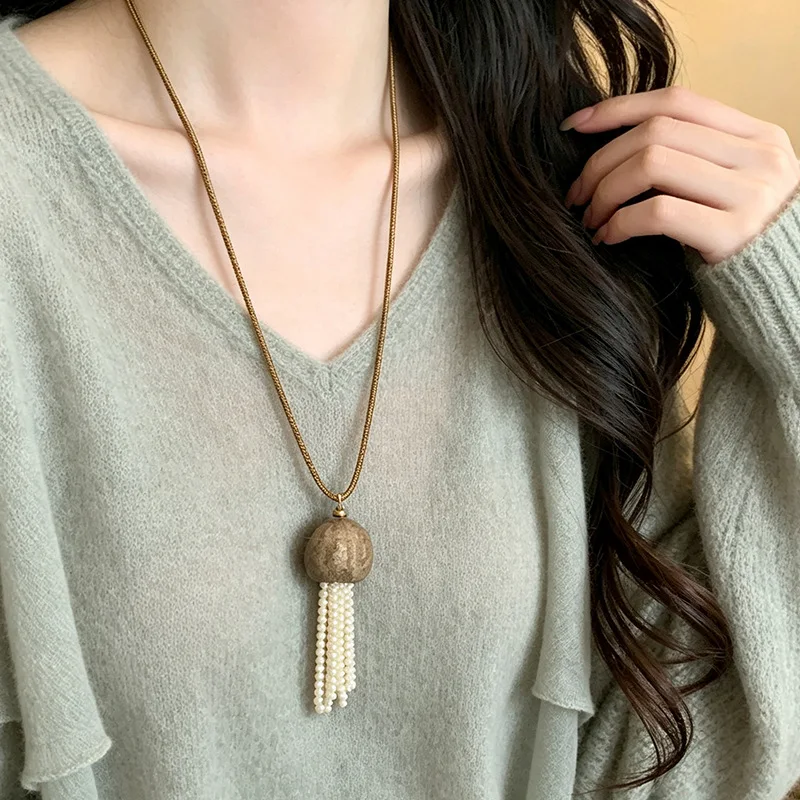 Necklace Jellyfish Faux Pearl Long Slider Cord Sweater Chain Niche Nutshell Tassel Adjustable Lightweight Multicolor